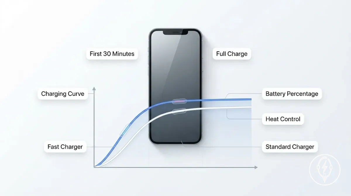 iPhone şarj cihazları için ilk 30 dakika ve tam şarj süresini karşılaştıran şarj eğrisi diyagramı