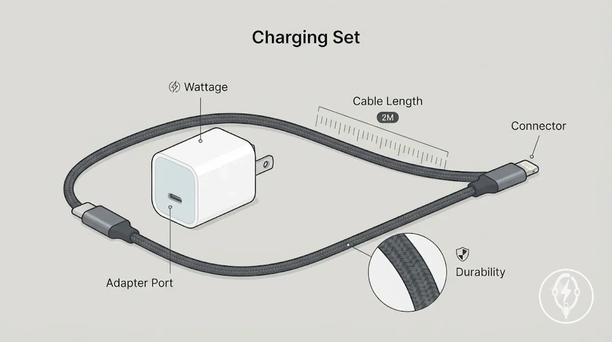 Bir şarj kablosu, güç adaptörü, duvar fişi, konektör uçları ve kablo dayanıklılık ipuçlarını gösteren kablo ve adaptör setleri