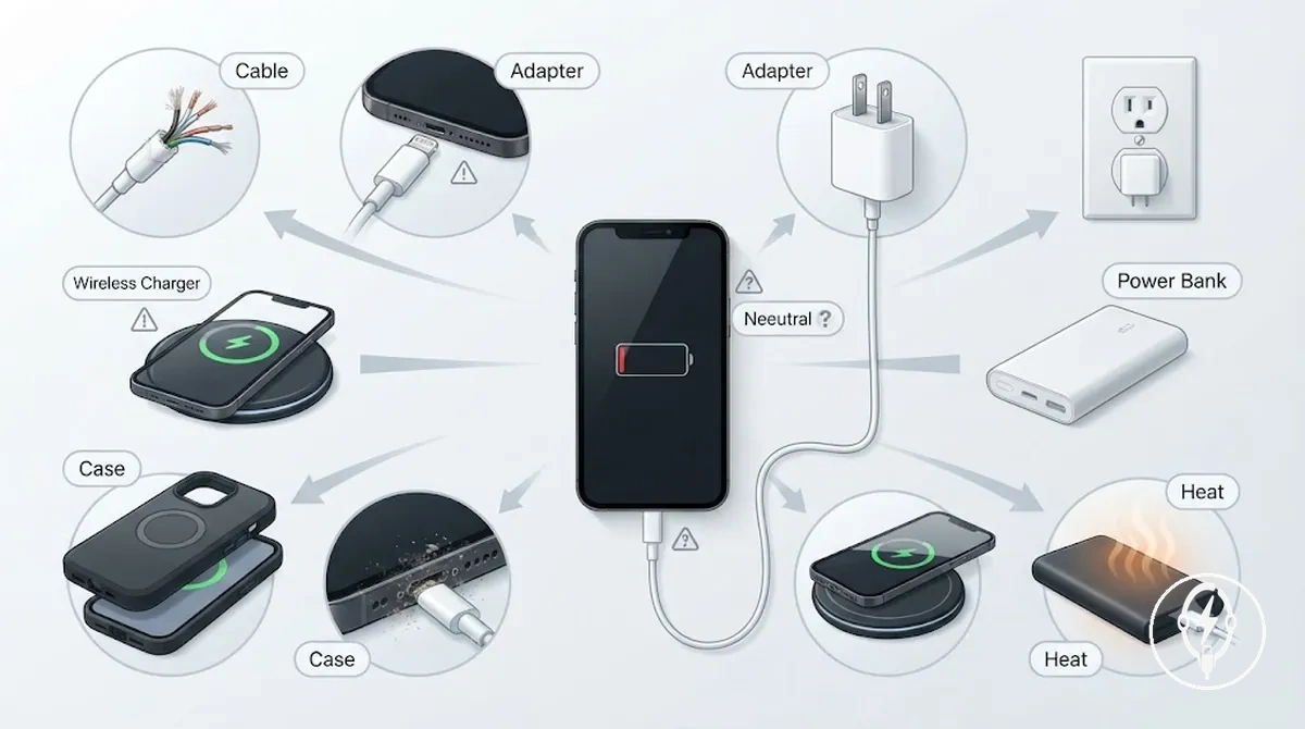 iPhone şarj aksesuarı sorunlarına katkıda bulunabilen yaygın şarj düzeneği parçaları