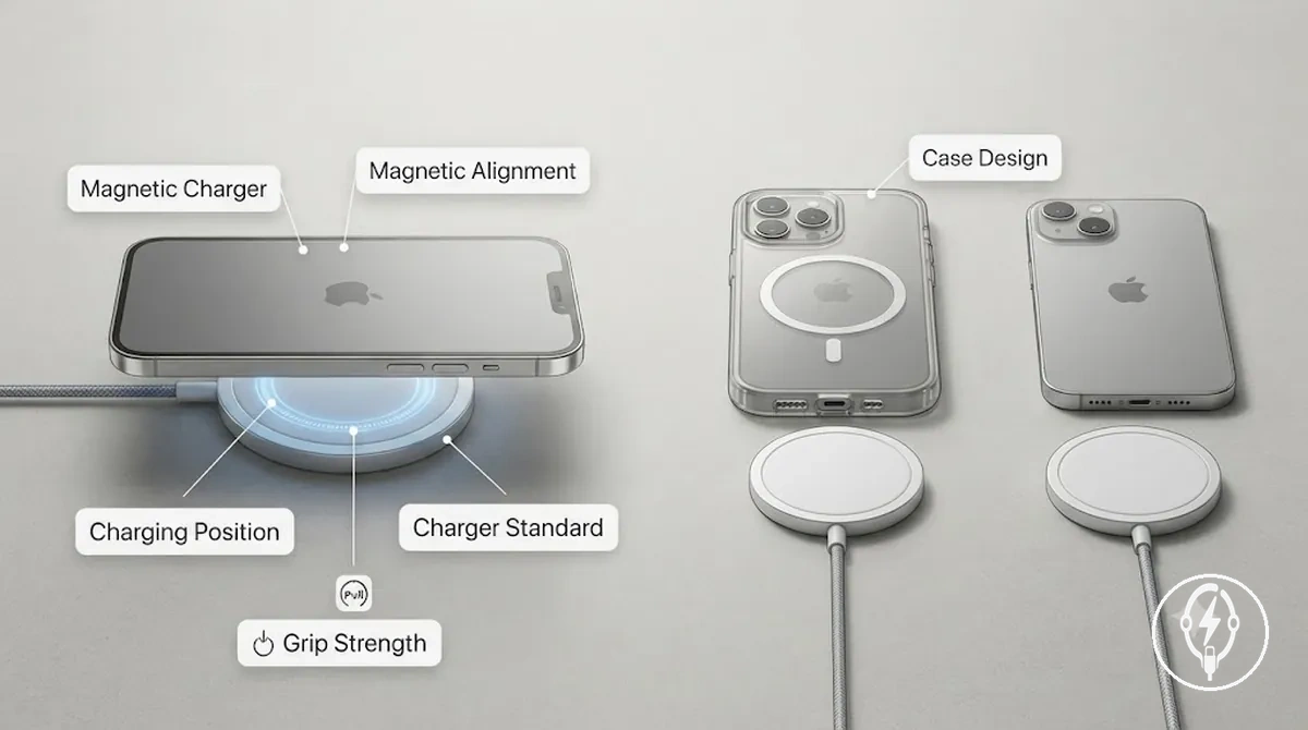 Manyetik kablosuz şarj cihazıyla hizalanmış ve şarj konumunu gösteren iPhone