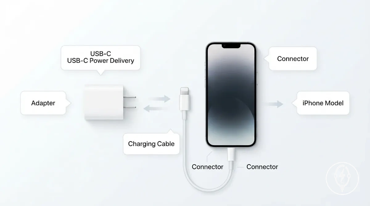 Watt değeri, USB-C Power Delivery ve kablo gereksinimlerini gösteren açıklamalı iPhone şarj cihazı düzeneği