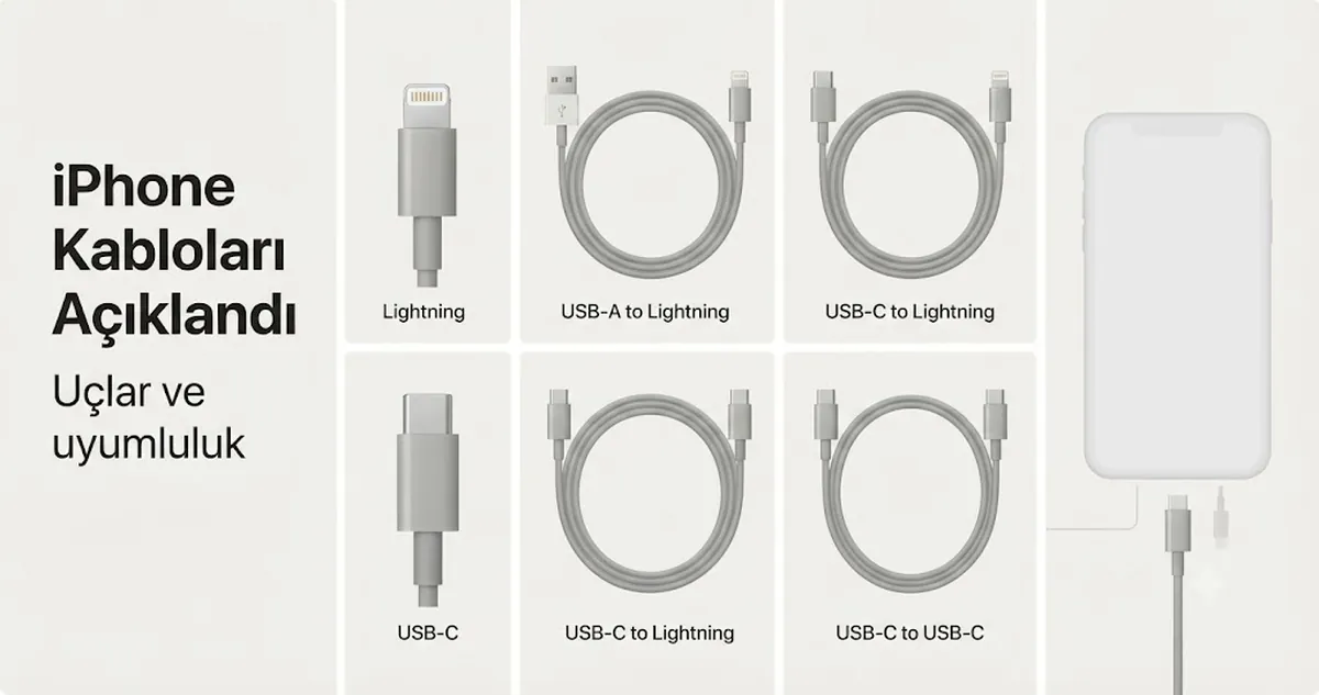 Uyumluluk karşılaştırması için düzenlenmiş iPhone şarj kabloları ve bağlantı uçları