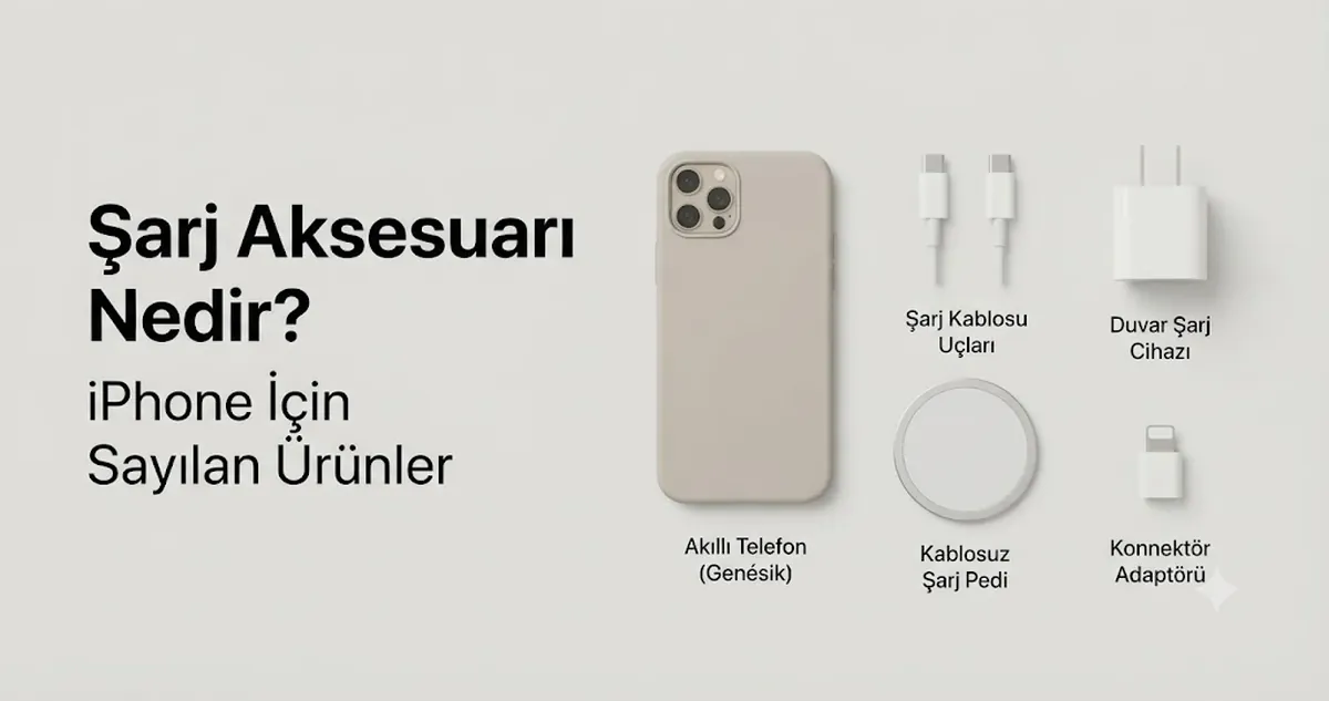 iPhone şarj aksesuarı sayılan farklı ürünlerin birlikte gösterimi