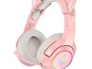 SIMGAL Casque de jeu rose avec oreilles