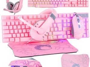 Clavier de jeu rose et casque de
